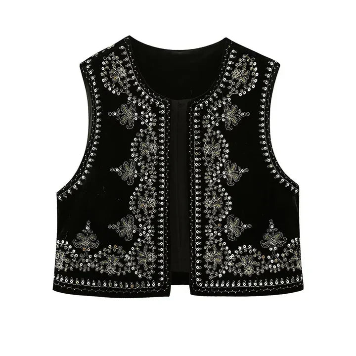Women's Sleeveless Vintage Embroidered Vest with Open Front Design