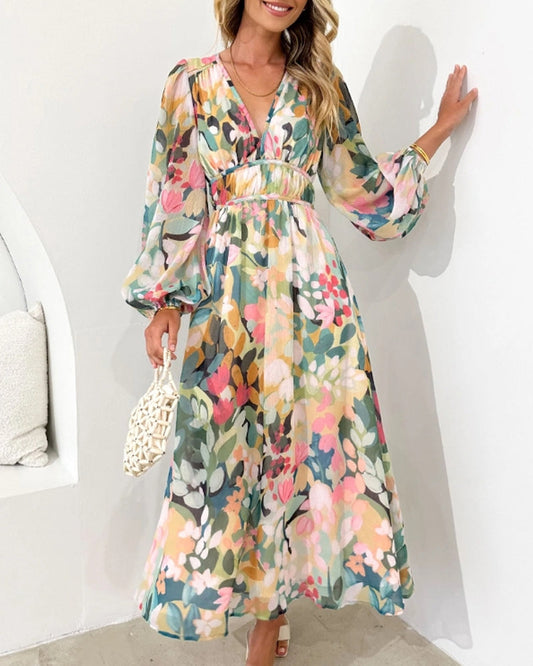 Women's Long-Sleeve Maxi Dress with Floral Print and V-Neck