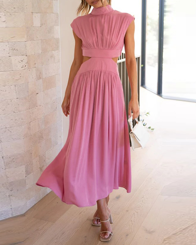Women's Sleeveless Pleated Midi Dress with Stand Collar