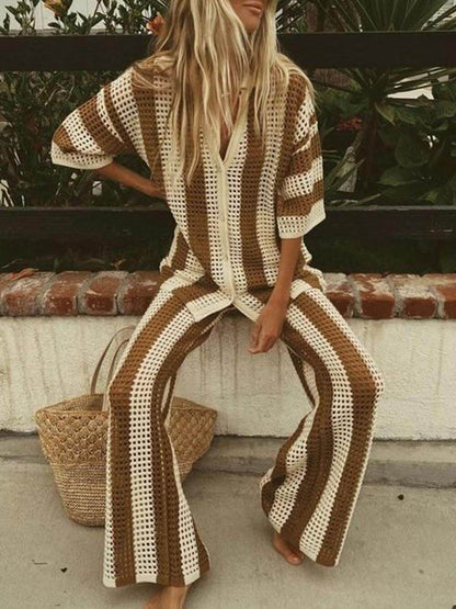 Women's Open Knit Striped Set with V-Neck Shirt and Wide-Leg Pants
