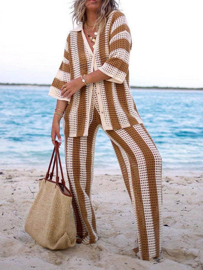 Women's Open Knit Striped Set with V-Neck Shirt and Wide-Leg Pants