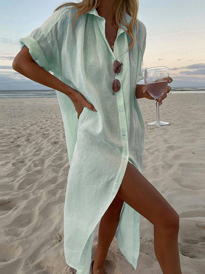 Women's Oversized Button-Down Maxi Shirt Dress with Side Slit