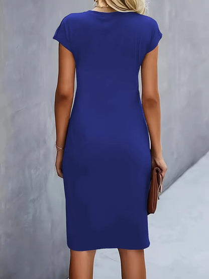 Women's Knee-Length Sheath Dress with Ruched Waist and Cap Sleeves