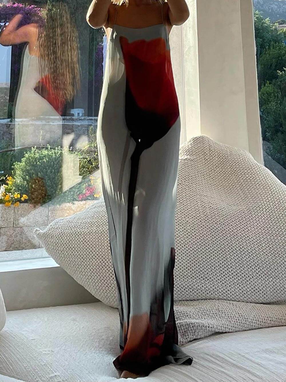 Women's Abstract Tulip Print Vacation Slip H-Line Maxi Dress