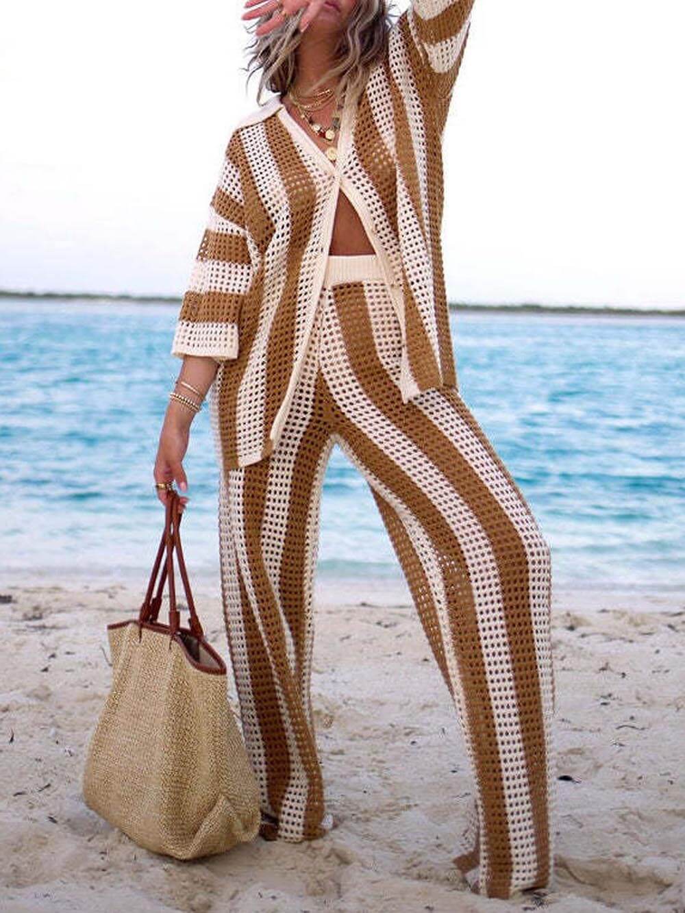 Women's Open Knit Striped Set with V-Neck Shirt and Wide-Leg Pants
