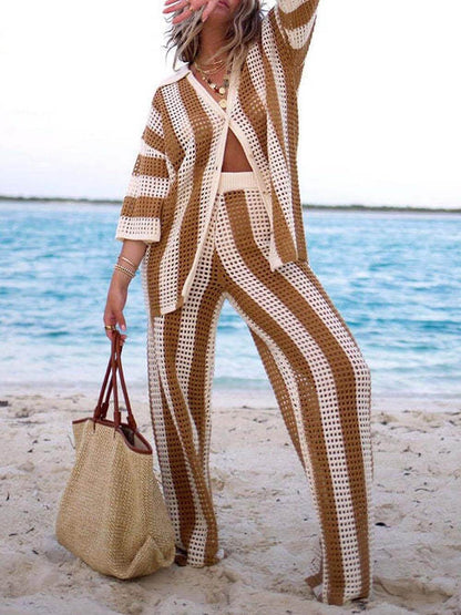 Women's Open Knit Striped Set with V-Neck Shirt and Wide-Leg Pants