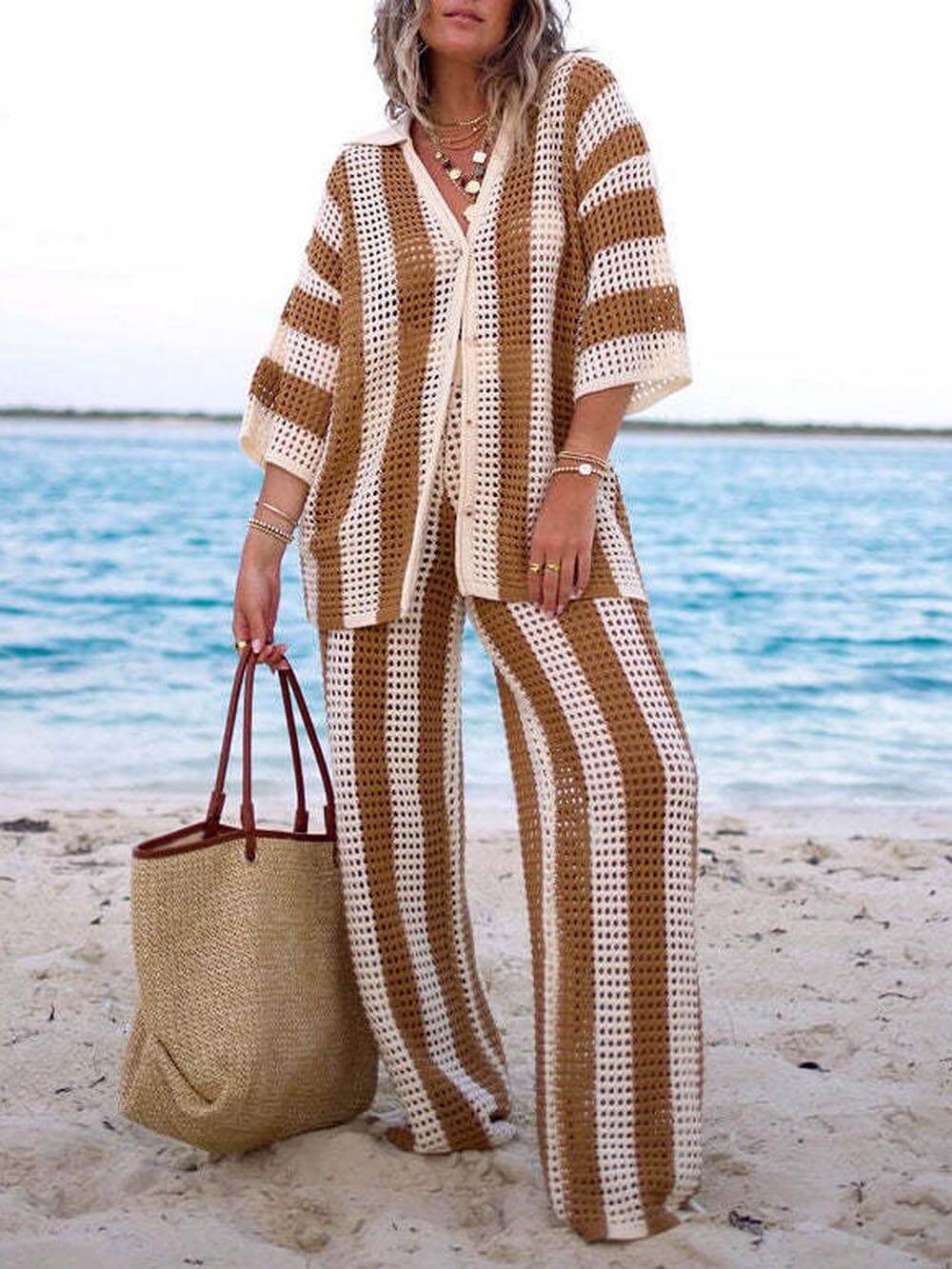Women's Open Knit Striped Set with V-Neck Shirt and Wide-Leg Pants