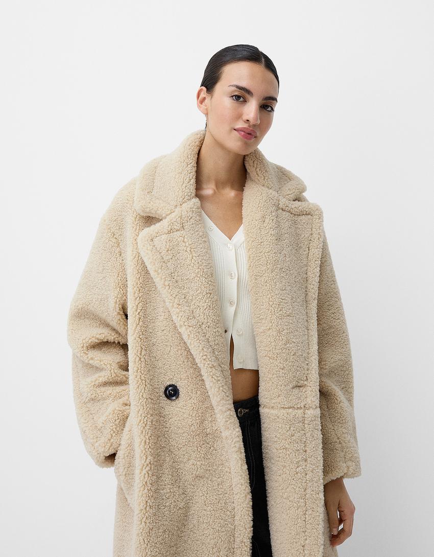 Women's Oversized Teddy Fur Winter Coat with Lapel and Button Front