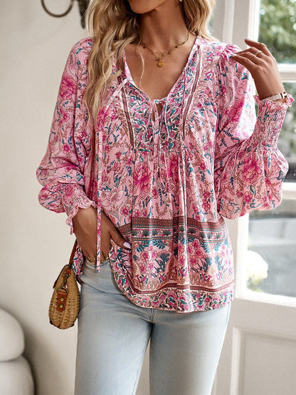 Women's Boho Floral Tunic Top with Long Sleeves and V-Neck Tie
