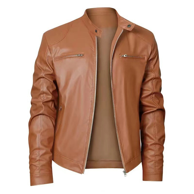 Men's Sleek Leather Jacket with Zip Closure and Stand Collar Design