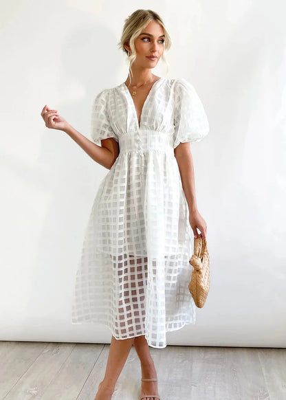 Women's Midi Dress with Puff Sleeves and Grid Pattern