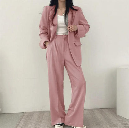 Women’s Tailored Two Piece Suit Set with Long Blazer and Straight-Leg Trousers