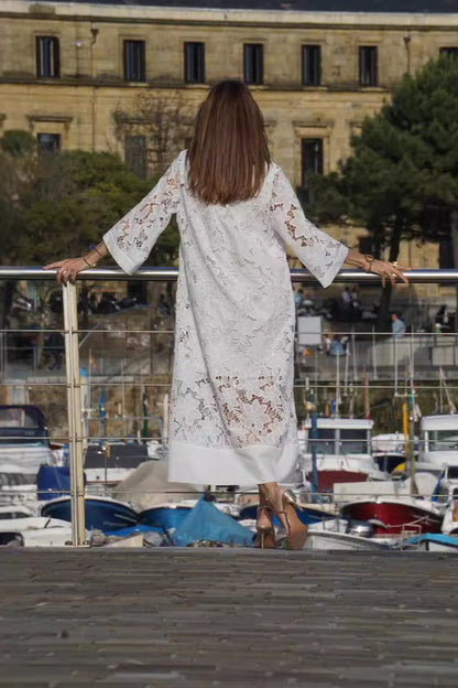 Women's Elegant Lace Maxi Dress with Sheer Floral Overlay