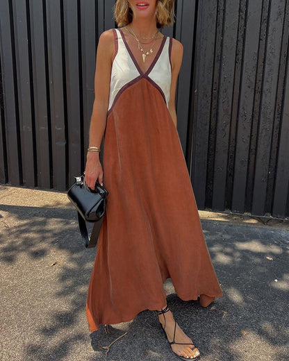 Women’s Sleeveless Contrast V Neck Flowy Maxi Dress