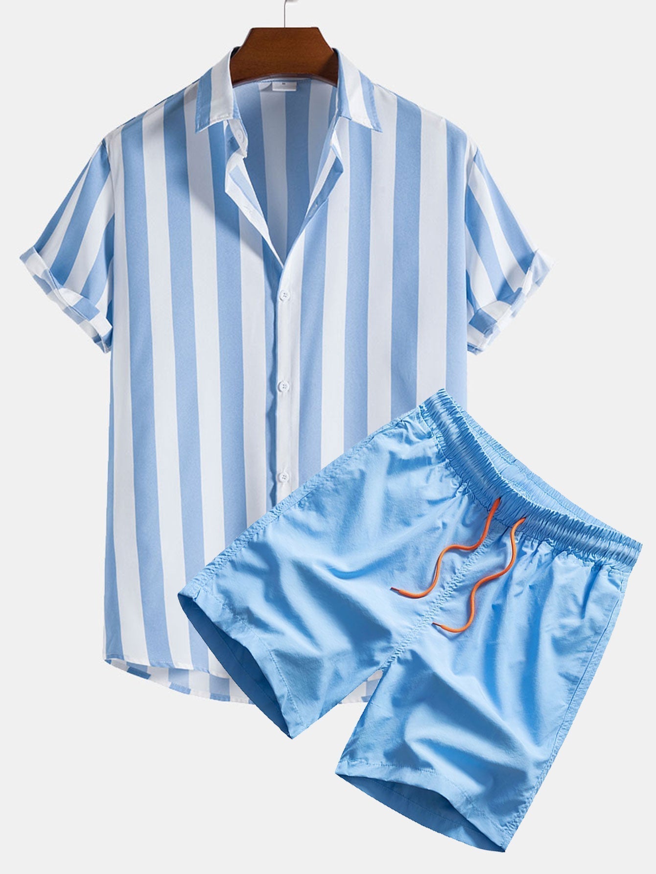 Men's Striped Button Shirt and Swim Shorts Two Piece Set