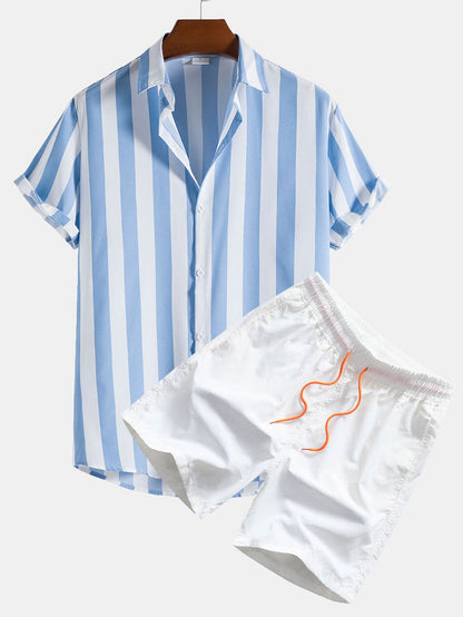 Men's Striped Button Shirt and Swim Shorts Two Piece Set