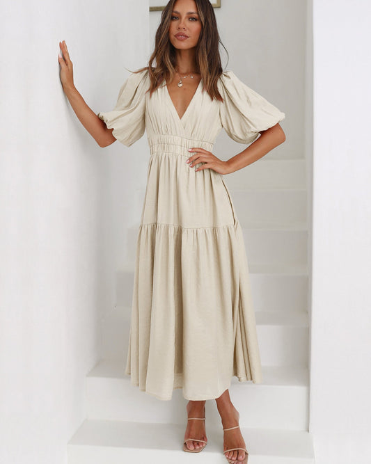 Women’s V-Neck Midi Dress with Tiered Hem and Short Puff Sleeves