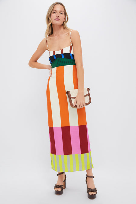 Women's Striped Spaghetti Strap Maxi Dress with Colorblock Design