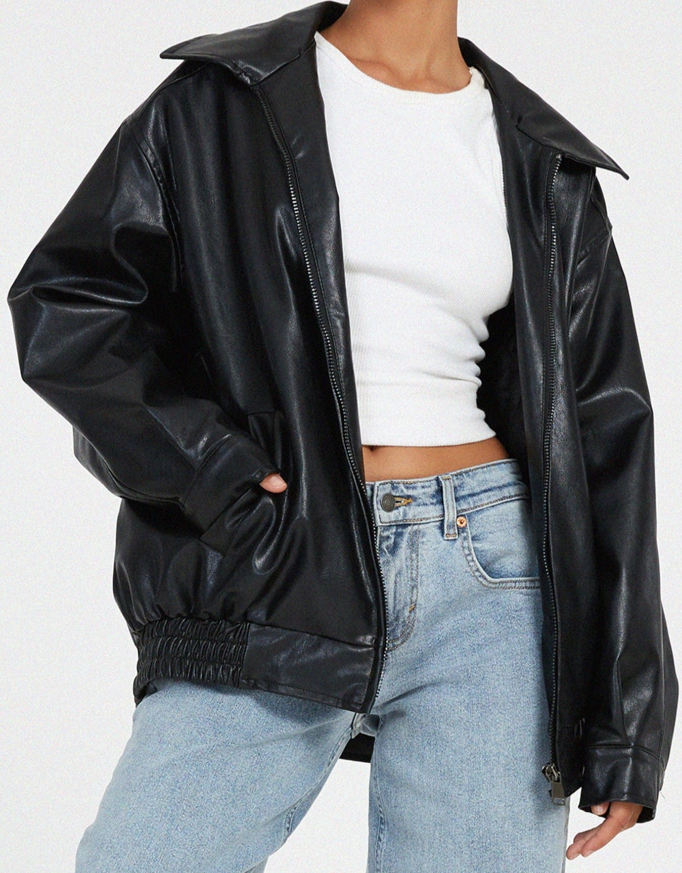 Women's Zip-Up Leather Jacket with Relaxed Fit and High Collar