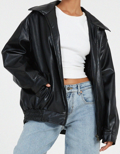 Women's Zip-Up Leather Jacket with Relaxed Fit and High Collar