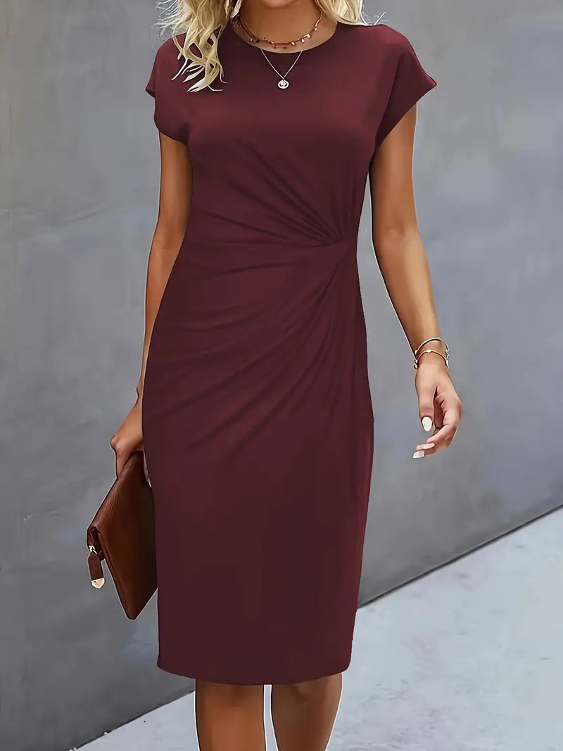 Women's Knee-Length Sheath Dress with Ruched Waist and Cap Sleeves