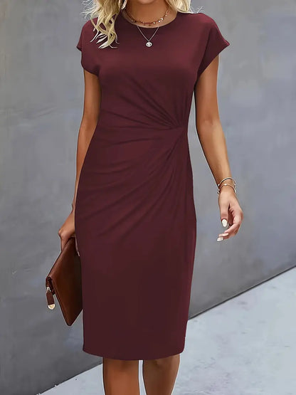 Women's Knee-Length Sheath Dress with Ruched Waist and Cap Sleeves