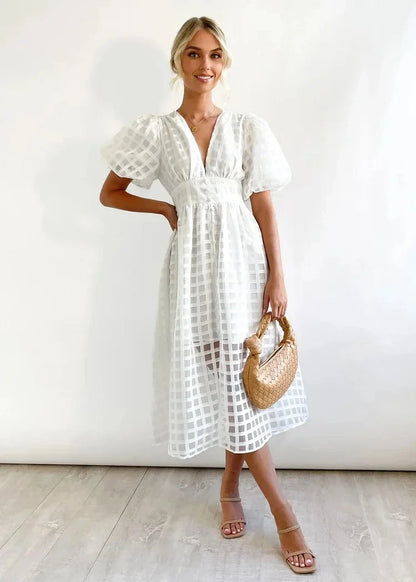 Women's Midi Dress with Puff Sleeves and Grid Pattern
