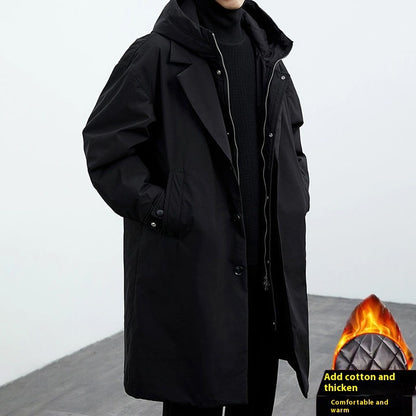 Men's Long Waterproof Puffer Trench Coat with Hood