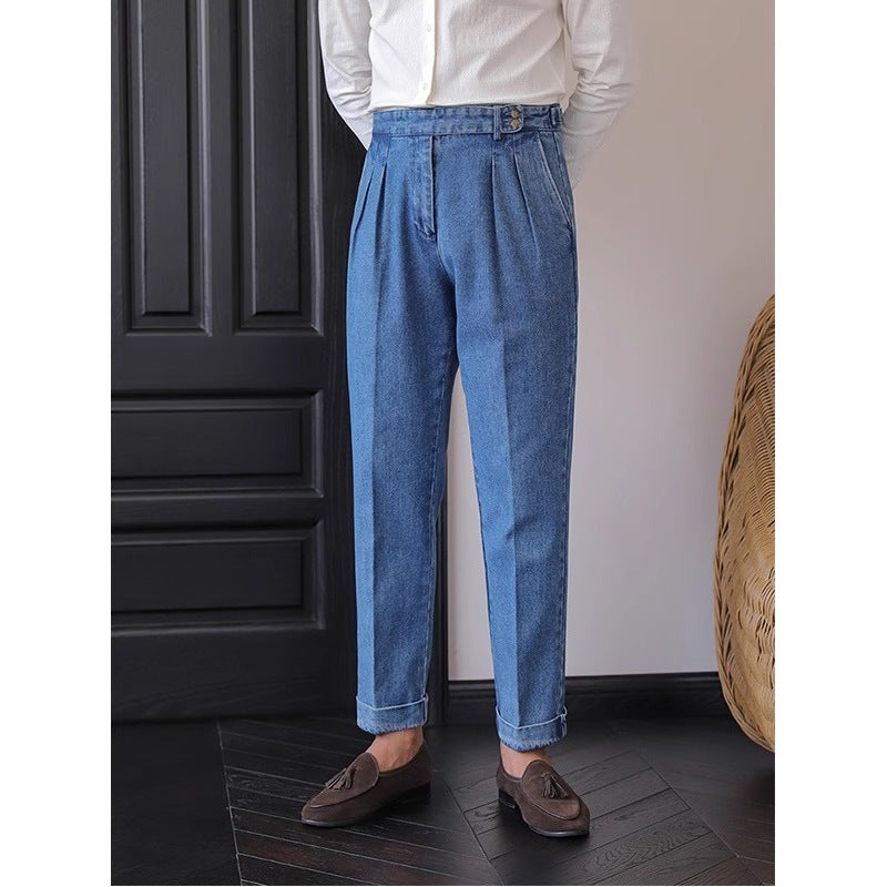 British Style High-Waist Men's Straight-Leg Jeans – Drooping Curl Hem Suit Pants