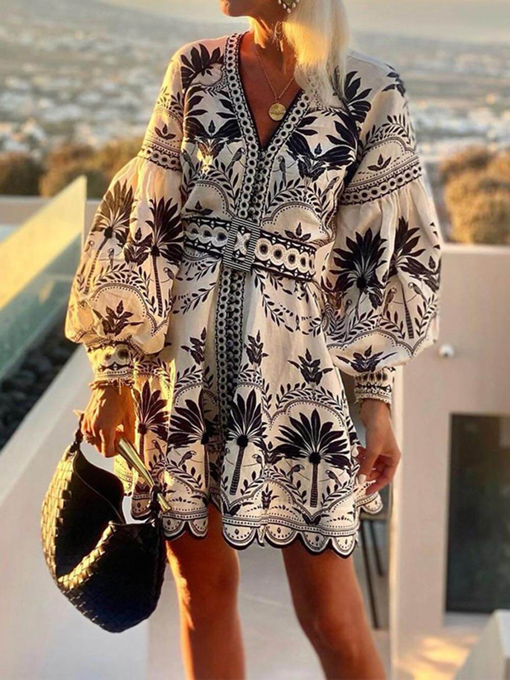 Women's Boho Mini Dress with Balloon Sleeves and Floral Embroidery