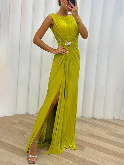 Women's Pleated Maxi Dress with High Slit and Pin Detail