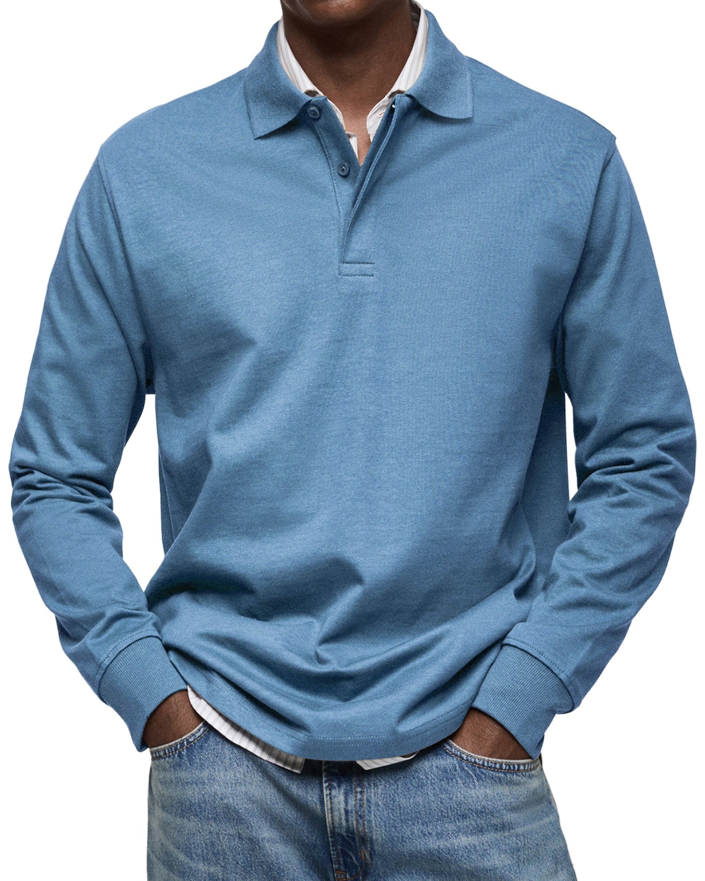 Men's Long Sleeve Polo Shirt with Button Collar and Cuffed Hem