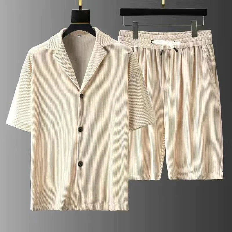Men's Two-Piece Set with Ribbed Button Shirt and Drawstring Shorts