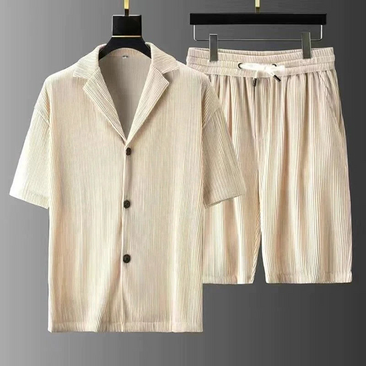 Men's Two-Piece Set with Ribbed Button Shirt and Drawstring Shorts
