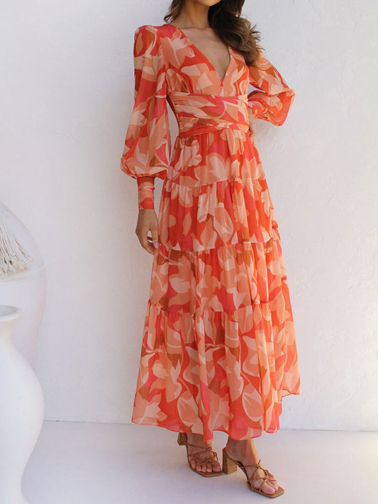 Women's Tiered Long Sleeve Maxi Dress with V-Neck and Print