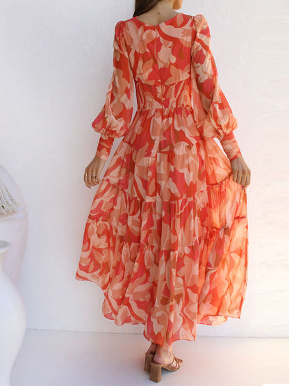 Women's Tiered Long Sleeve Maxi Dress with V-Neck and Print