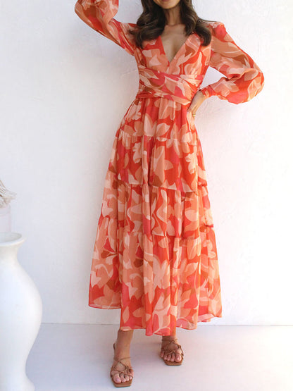 Women's Tiered Long Sleeve Maxi Dress with V-Neck and Print