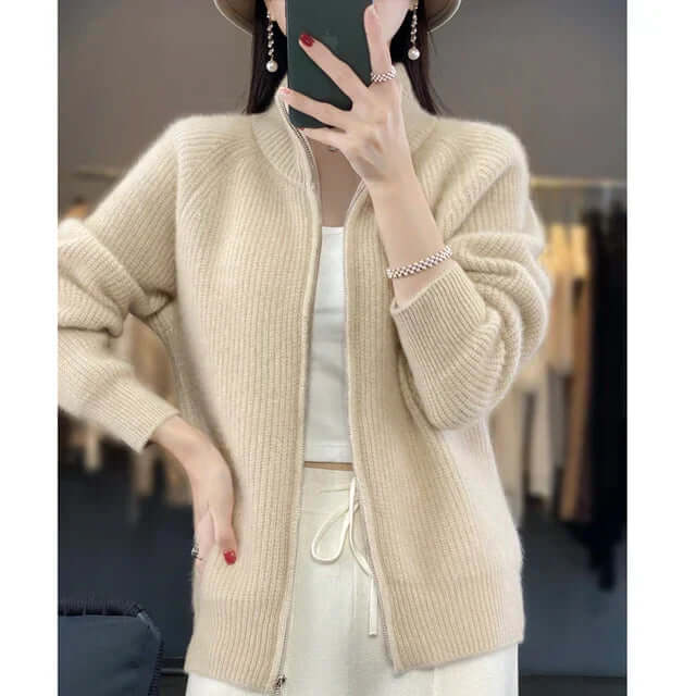 Women's Full-Zip Knit Cardigan with High Collar and Long Sleeves