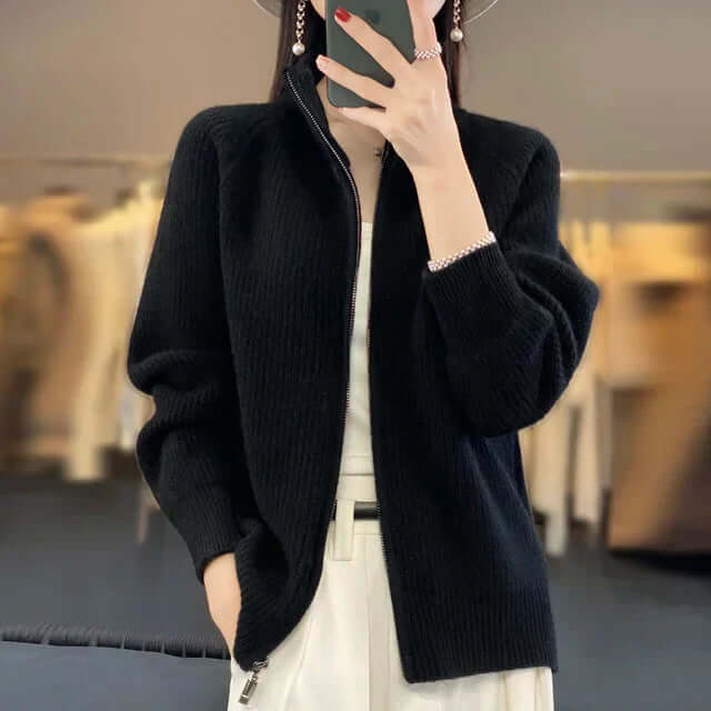 Women's Full-Zip Knit Cardigan with High Collar and Long Sleeves