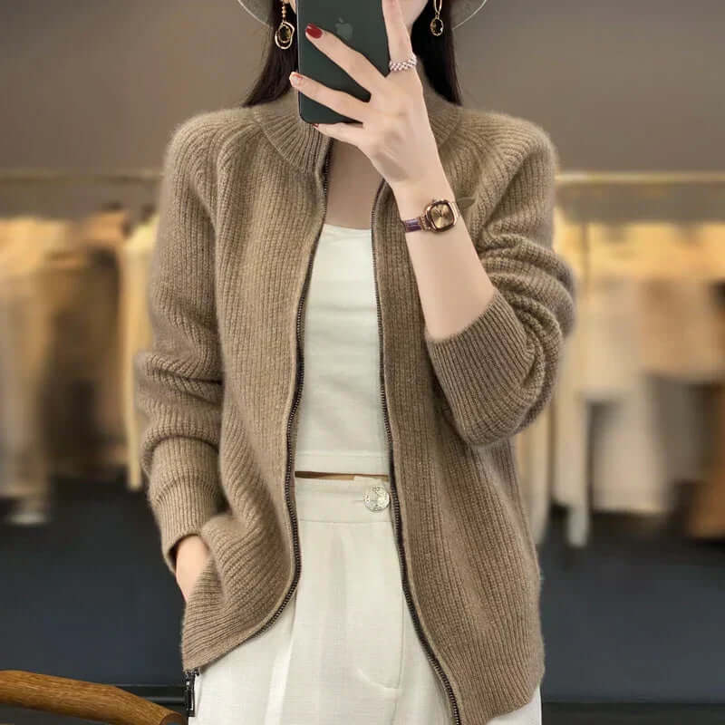 Women's Full-Zip Knit Cardigan with High Collar and Long Sleeves