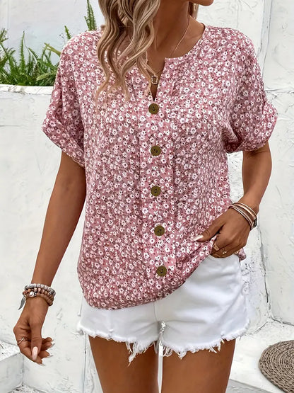 Women's Short-Sleeve Floral Button-Front Blouse