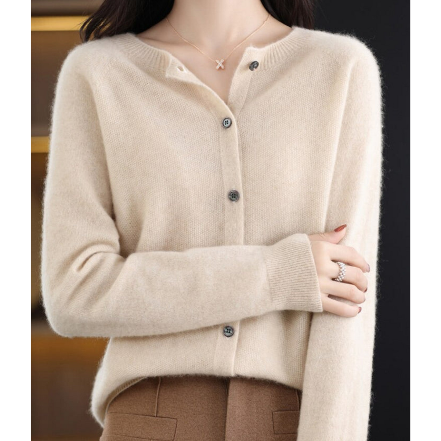 Women's Soft Knit Cardigan with Round Neck and Button Closure