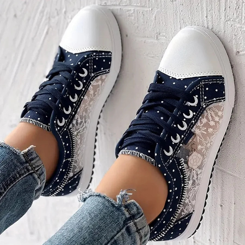 Women's Casual Sneakers with Lace Mesh and Polka Dot Design