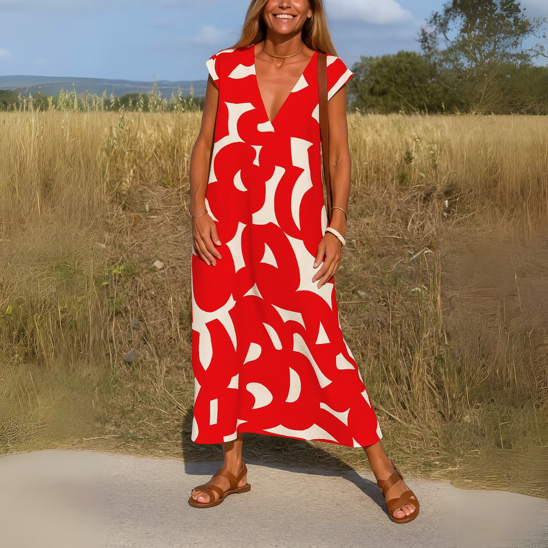 Women's V-Neck Maxi Dress with Abstract Print and Cap Sleeves