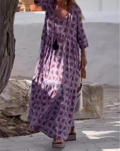 Women's Bohemian Maxi Dress with V-Neck and Relaxed Fit