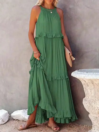 Women's Halterneck Maxi Dress with Ruffle Layers and Side Pockets