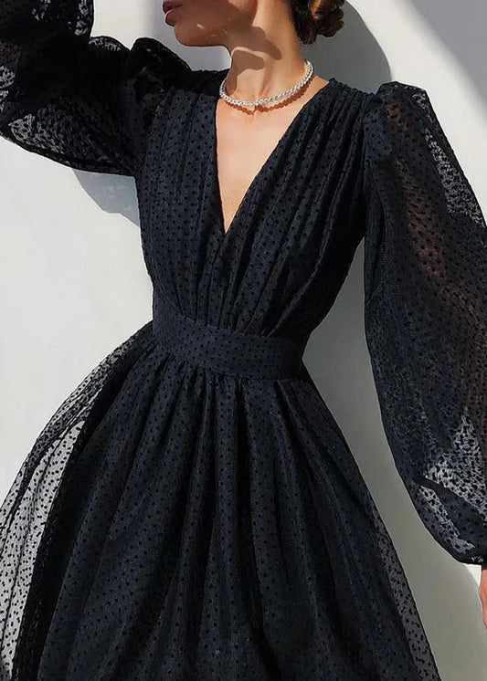 Women's Long Sleeve Polka Dot V-Neck Midi Dress