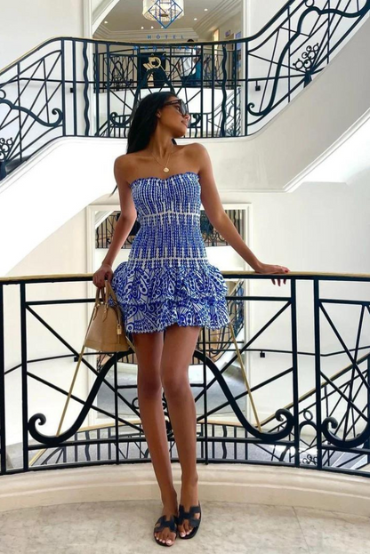 Women's Strapless Ruched Mini Dress with Ruffle Tiered Skirt