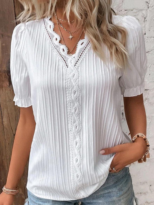 Women's Pleated V-Neck Blouse with Puff Sleeves and Lace Trim