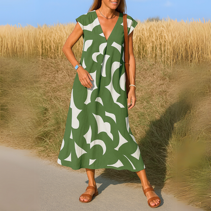 Women's V-Neck Maxi Dress with Abstract Print and Cap Sleeves
